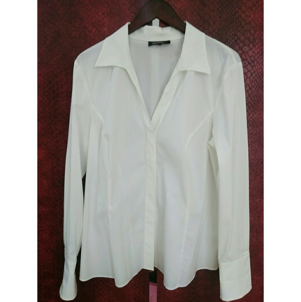 Lafayette 148 Crisp White Stretch Shirt V Neck LG